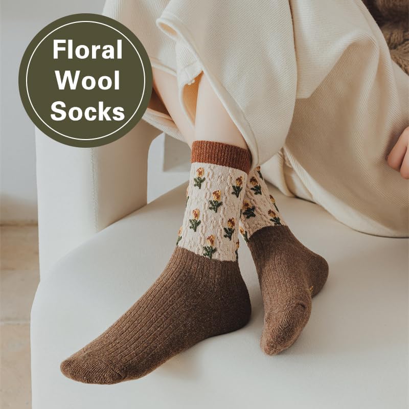 MarJunSep Wool Fall Boot Socks Women Teen Girls Thick Knit Vintage Cute Floral Cottage Core Boho Winter Warm Crew Socks - Image 3